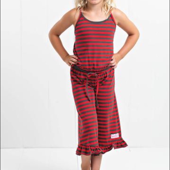 Ruffle Girl Red Stripe Ruffle Capri Romper - Picture 2 of 3